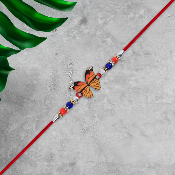 Vibrant Butterfly Rakhi With Colorful Beads  Red Mauli Thread